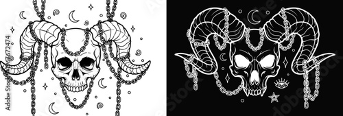 Occult ram skull vector illustration, mystical horned demon skull with chains and crescent moons, gothic satanic baphomet head for t-shirt design