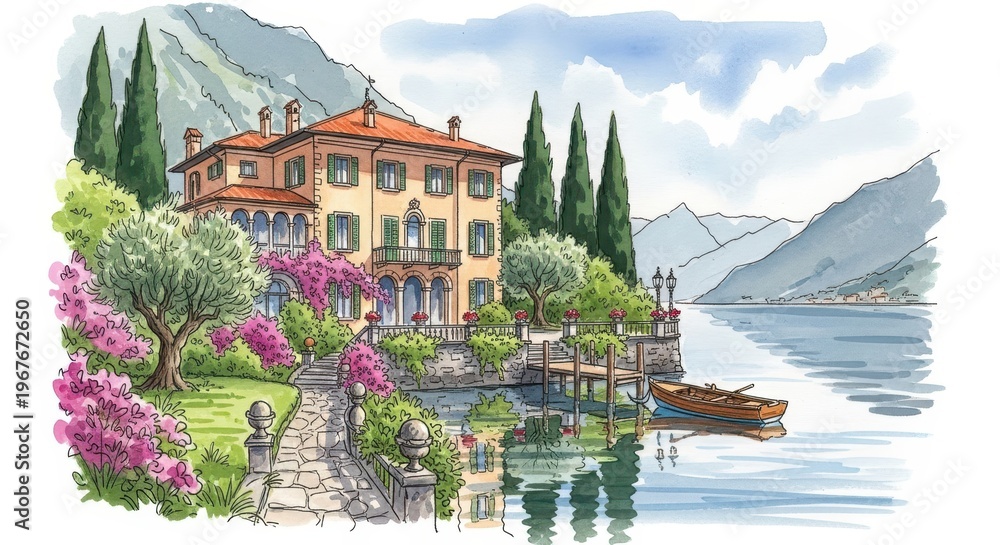 Fototapeta premium Elegant Mediterranean villa overlooks a serene lake surrounded by lush gardens and cypress trees.