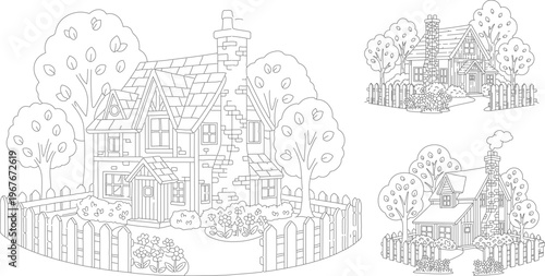 Cottage coloring page vector set, cozy country house line art with garden and picket fence, rustic village home illustrations for kids activity