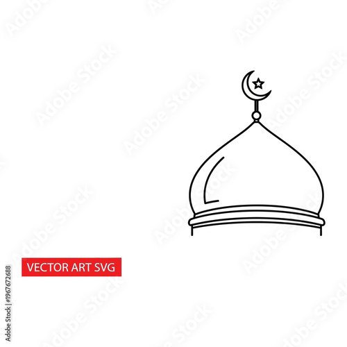 Minimalist islamic mosque dome line art icon with crescent star