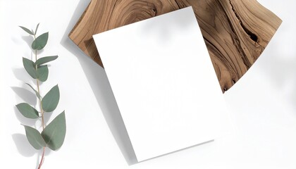 Blank white paper mockup with eucalyptus leaves and natural wood texture for design