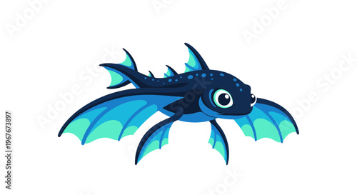 Animated blue fantasy fish creature swimming.