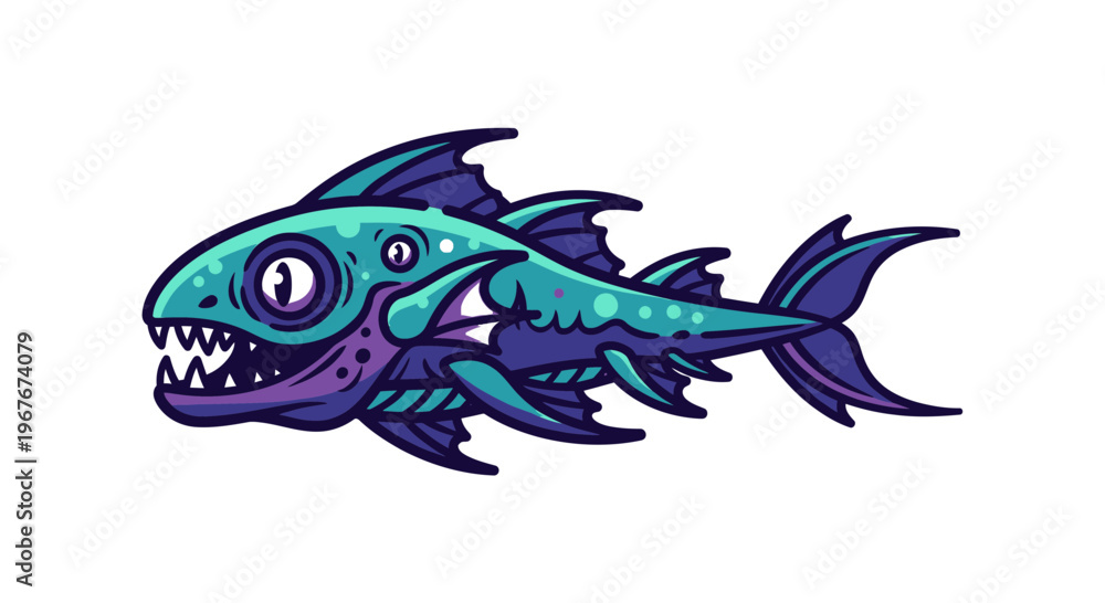 Fototapeta premium Cartoon angry fish with sharp teeth.