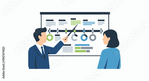 Businessman and woman discussing charts.