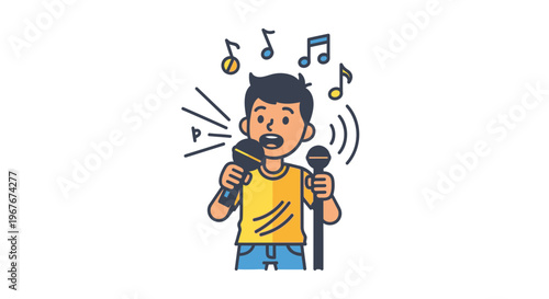 Man singing with two microphones joyfully.