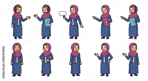 Muslim Woman Character Collection, Arab Girl Businesswoman Flat Art