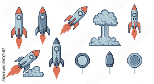 Pixel Art Space Technology Rocket Launch Elements - Startup Game Assets Icons