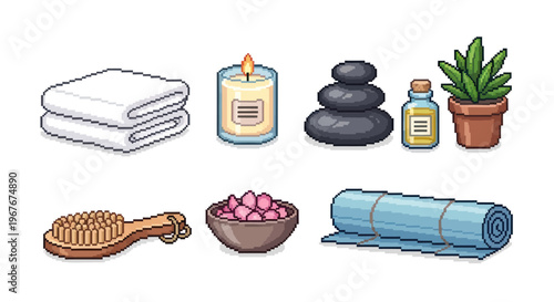 Spa Wellness Relaxation Pixel Art Icons Set. Bath, Massage, Yoga and Self-care Items.
