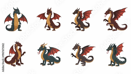 Collection of animated cartoon dragons in various poses with detailed wings and tails suitable for