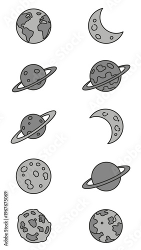 Collection of Artistic Planet and Moon Icons Depicting Space and Celestial Bodies