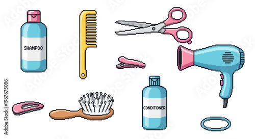 Pixel Art Hair Care  Salon Tools Collection: Shampoo, Conditioner, Comb, Scissors, Hairdryer