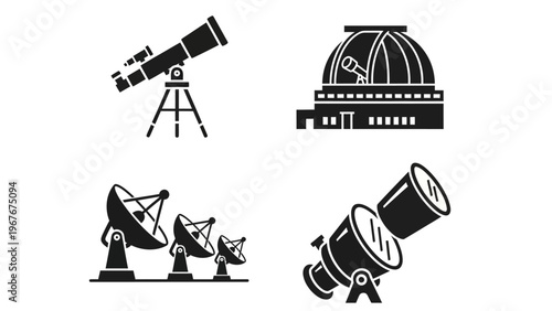 Collection of Astronomy and Space Observation Icons in Black Silhouette Style