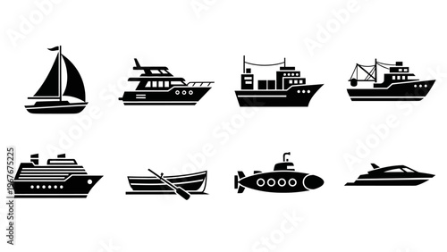 Collection of black silhouette nautical vessel icons including sailboats, yachts, fishing boats,