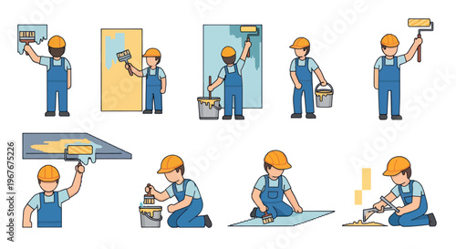 Home Renovation and Construction Flat Vector Illustration Set: Painters and Plasterers at Work