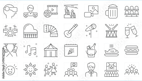 Entertainment related editable stroke line icons set.