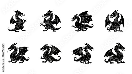 Collection of Black and White Dragon Silhouettes Depicting Mythical Creatures in Various Poses and
