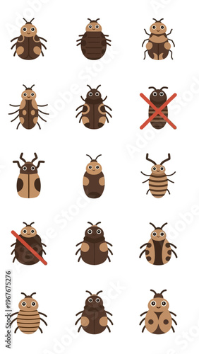 Collection of cartoon-style insects and bugs with some crossed out symbols and varied designs for