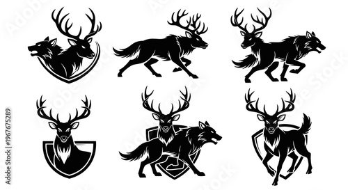 Hunting Wildlife Deer and Wolf Silhouette Vector Logo Designs Collection