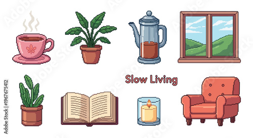 Slow Living Pixel Art Collection: Cozy Home Lifestyle Icons with Coffee, Plants, Book, and Armchair