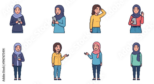 Flat Design Muslim Women in Hijab with Phones and Coffee, Business Vector Icons
