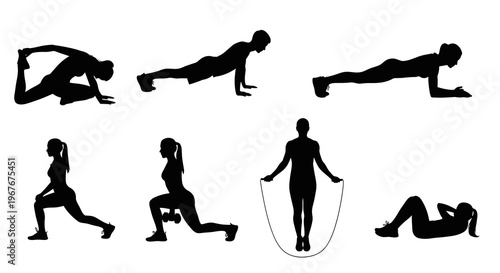 Black  White Silhouettes of Women Exercising: Yoga, Plank, Lunges, Jump Rope, Crunches