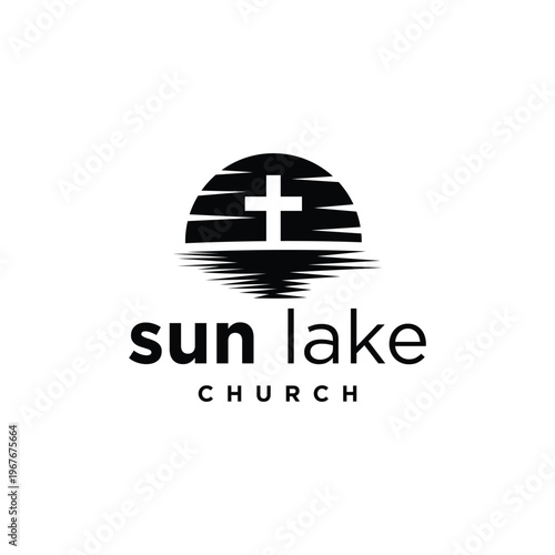 Sunny Summer Sunlight with River Creek Lake and Cristian Church Cross logo design