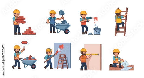 Construction workers building, painting, tiling, drilling, and on ladder