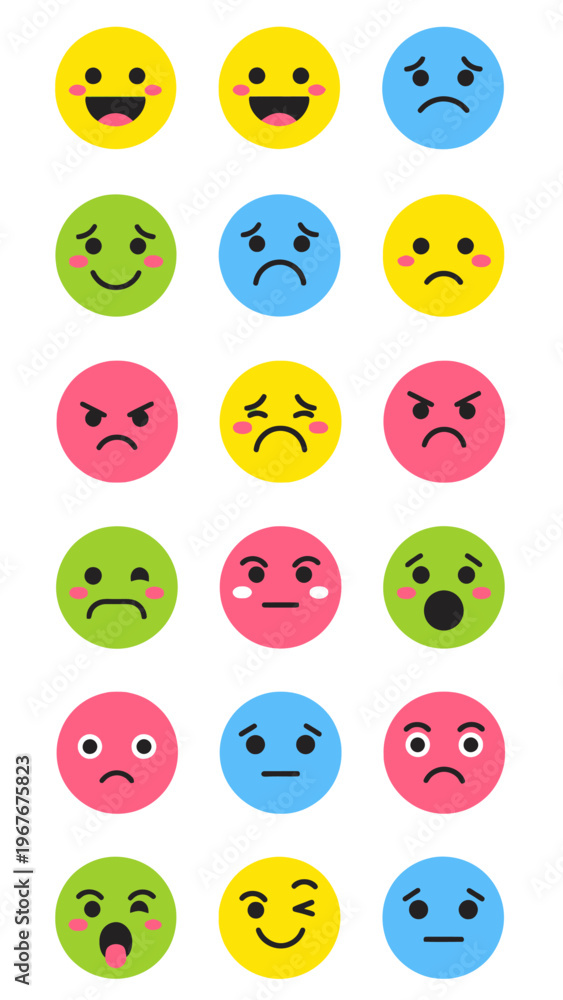 Fototapeta premium Collection of expressive emoji faces representing various emotions and moods in a colorful layout