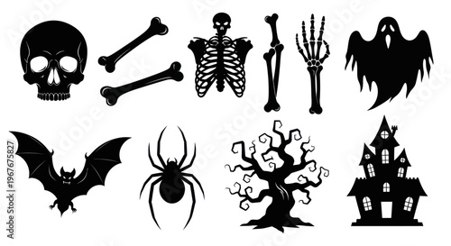 Halloween Black Silhouettes: Skull, Bones, Bat, Spider, Ghost, Tree, Haunted House