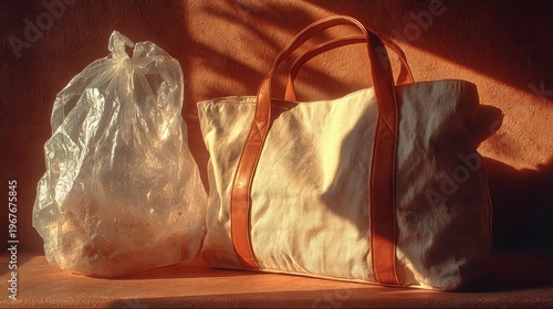 A crinkled plastic bag and soft canvas weekender with tan straps sit side by side in golden light, symbolizing travel choices, eco awareness, and sustainable lifestyle messaging.