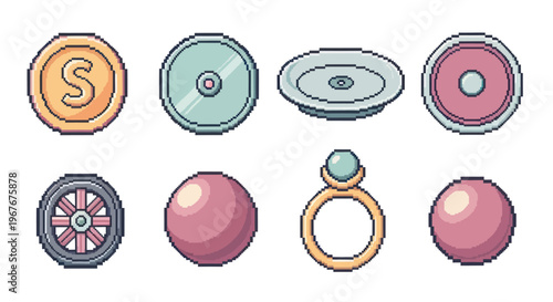 Pixel Art Game Icons. Retro Video Game Assets Set.