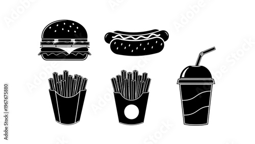Collection of fast food icons featuring burger hot dog fries and soda in black and white