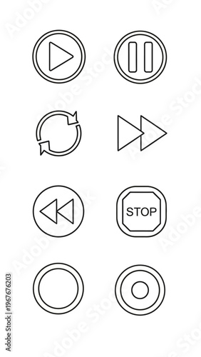 Collection of minimalistic black and white icons representing media controls and playback functions