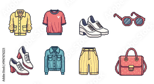 Pixel Art Fashion Icons: Clothing, Shoes, Bag, Glasses, Shorts