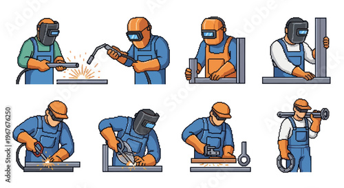 Cartoon Welders Working with Metal and Equipment