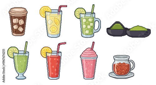 Pixel Art Various Beverages and Drink Ingredients Collection - Coffee, Lemonade, Smoothies