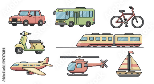 Pixel Art Transportation Vehicles Set: Car, Bus, Bike, Scooter, Train, Plane, Helicopter, Sailboat