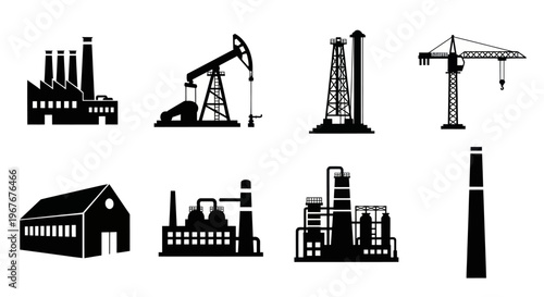 Industrial Icons: Factories, Crane, Oil Rig, Chimney - Black and White Flat