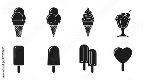 Collection of various ice cream and frozen dessert icons in black silhouette style