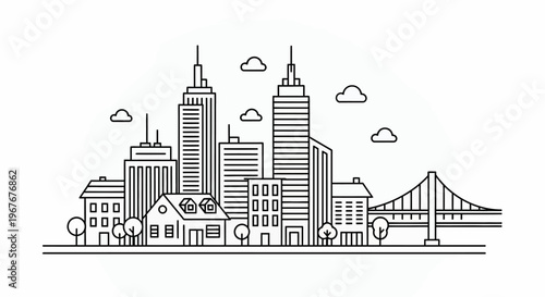 City Skyline with Skyscrapers and Bridge.