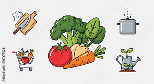 Fresh Vegetables and Healthy Food Icons.