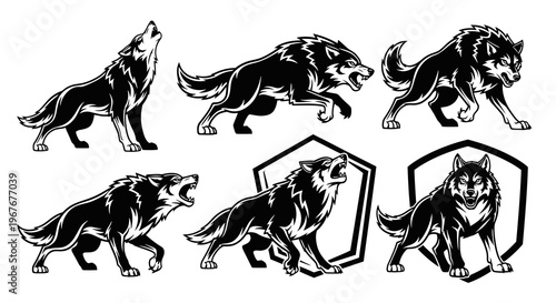 Black  White Stylized Wolf Vector Set - Wildlife, Mascot, Logo, Strength Theme