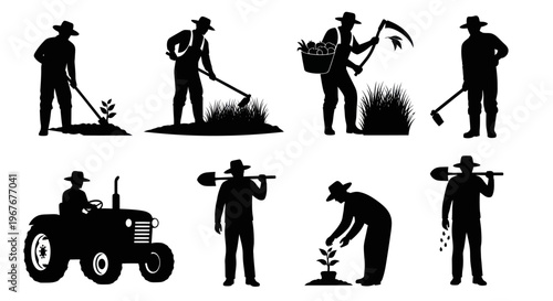 Agricultural Farmers Working Silhouette Vector Set. Farming Activities, Tractor, Tools  Produce.