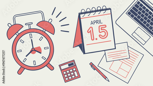 The image shows a woman buried under books and files, expressing stress as an alarm clock rings and a calendar marks April 15th, suggesting tax season pressure. high-quality professional detailed mode