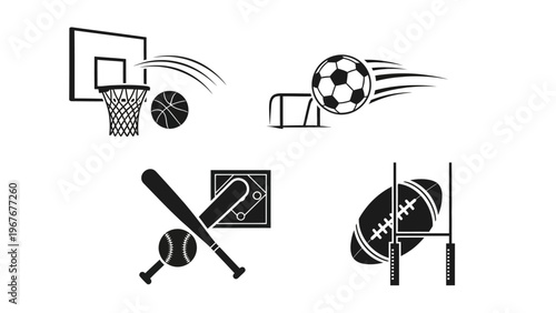 Dynamic sports icons illustrating basketball, soccer, baseball and football actions in minimal