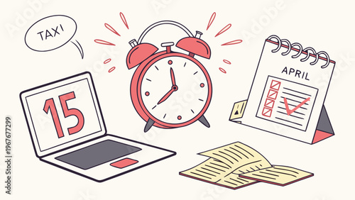 The image shows a woman buried under books and files, expressing stress as an alarm clock rings and a calendar marks April 15th, suggesting tax season pressure. high-quality professional detailed mode