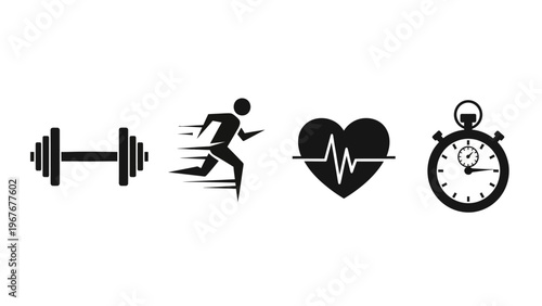 Fitness and Health Symbols: Weightlifting Running Heartbeat and Stopwatch Icons
