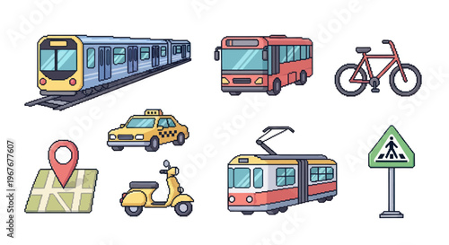 Pixel Art Style Transportation Icons Set - Urban Mobility and Public Transport Vehicles