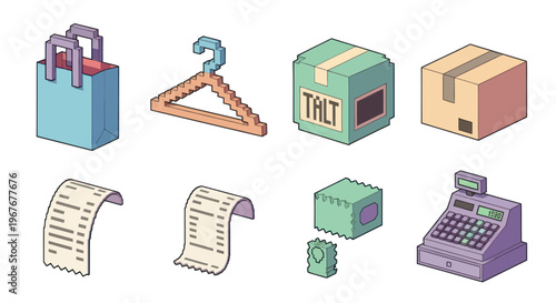 Isometric Pixel Art Retail and Shopping Icons Set: E-commerce, Delivery, POS, Hanger, Receipt Elements