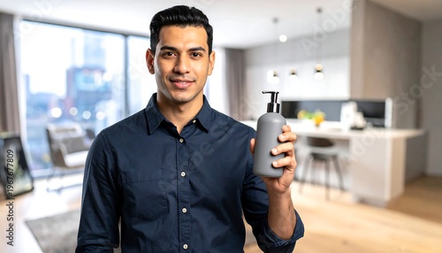 A man is showcasing a liquid soap bottle while smiling at the camera